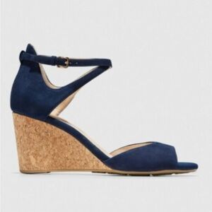 Cole Haan Sadie Suede & Cork Wedge Sandal. Marine Blue. Size 7. New Without Box